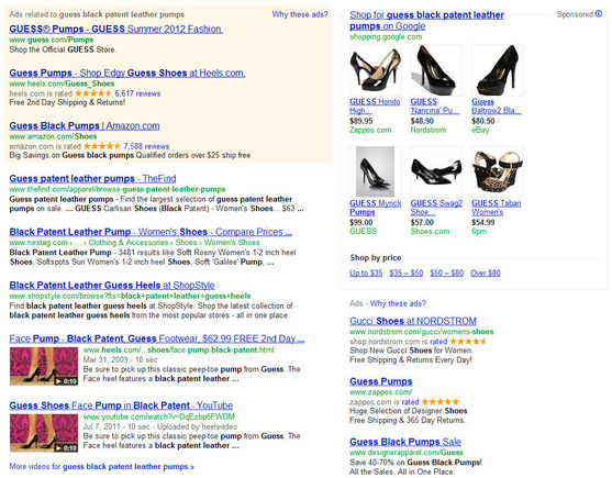 Search result showing Heels.com's rich snippet and Google Shopping ads.