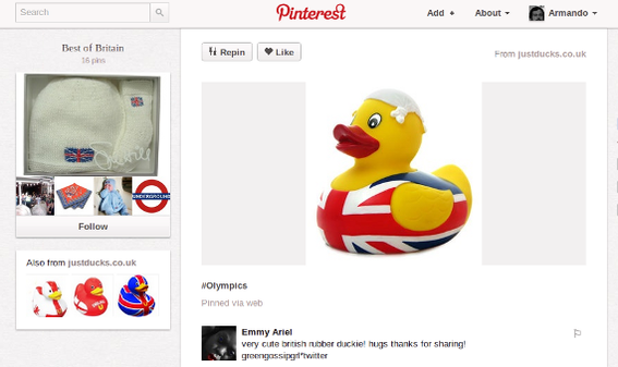 An Olympic-inspired rubber duck was pinned during the London games, potentially boosting sales.