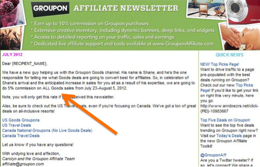 Recent Groupon email to affiliates, offering a specific commission percentage on all products.