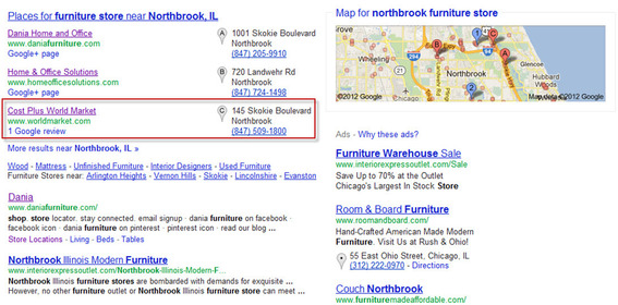 A Google search for "northbrook furniture store."