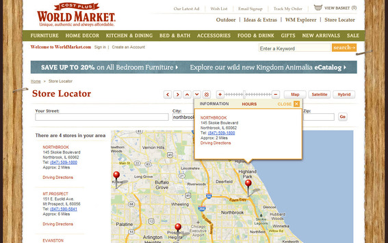 Cost Plus World Market's store locator with all information at one URL