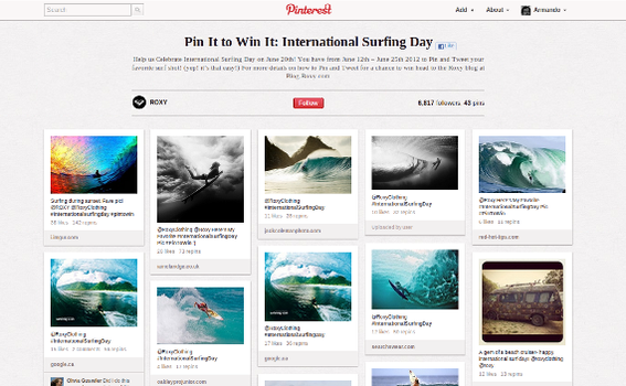 The Roxy pin-to-win contest featured surf-related images that support the company's brand.