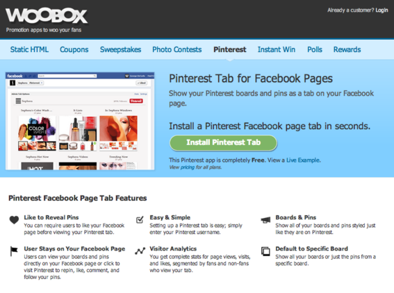 Woobox offers a free Pinterest Facebook Page app.