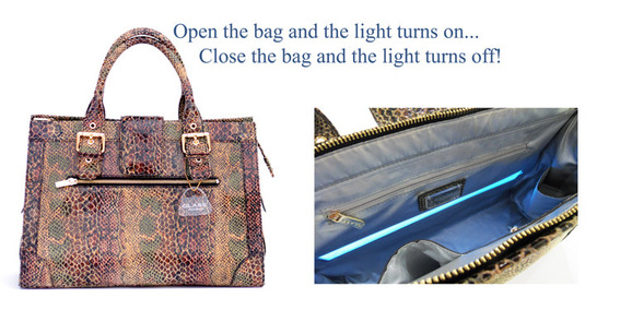 Glass Handbag has patents for the function of their handbag lights.