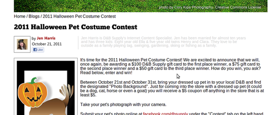 This retailer announced its 2011 pet costume contest in a blog post and on Facebook.
