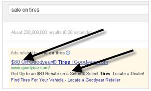 This pay-per-click ad from Goodyear contains a rebate offer.