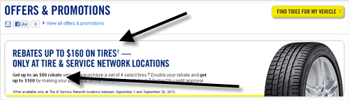 This landing page from Goodyear repeats the rebate offer from the pay-per-click ad.