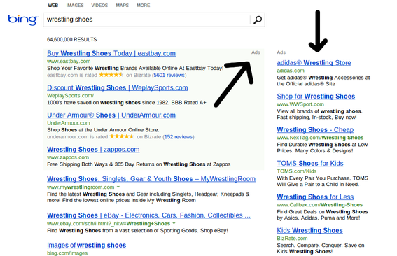 Bing displays PPC ads above and to the right of search results.