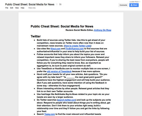 Public Cheat Sheet: Social Media for News.