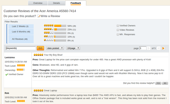 Newegg devotes an entire tab to reviews on product detail pages.