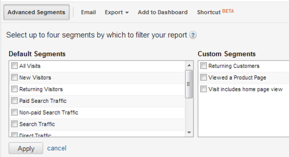 Select up to four segments and click "Apply." These segments will then be applied to all reports until you re-open the window and deselect them.