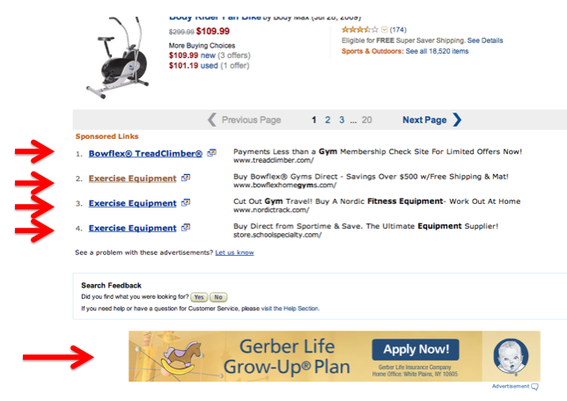 Searching "exercise equipment" at Amazon produced these ads at the bottom of the search results.