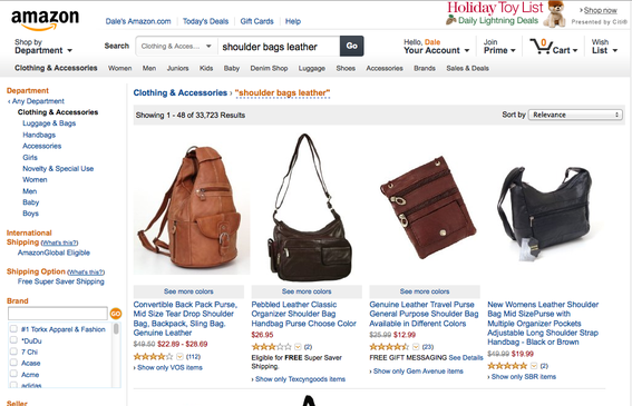 Amazon search results for "shoulder bags leather."