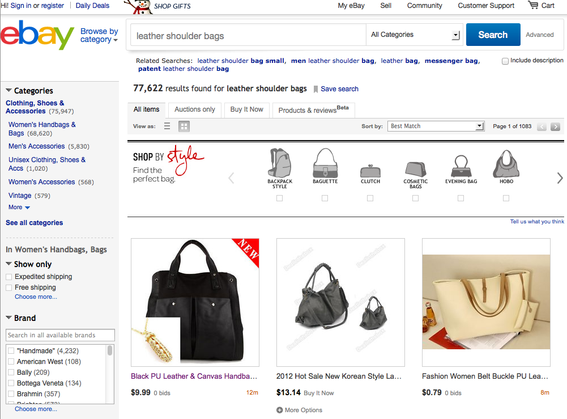 eBay search results for "leather shoulder bags."