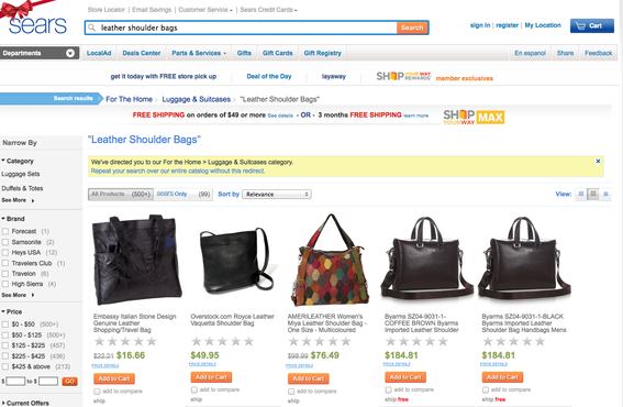 Sears search results for "leather shoulder bags."