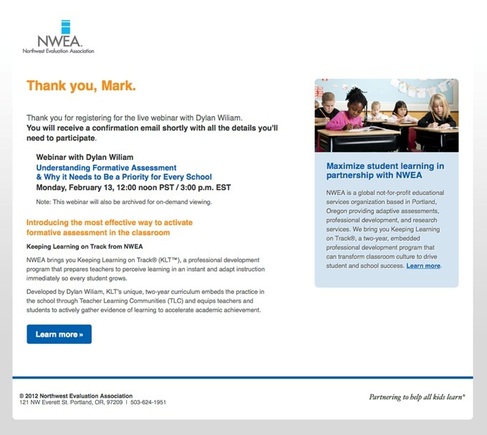 The automated email from Northwest Evaluation Association confirms a webinar signup — and provides much more information about NWEA.
