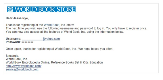 World Book Store sends this automated email when a visitor opens an account on its site.