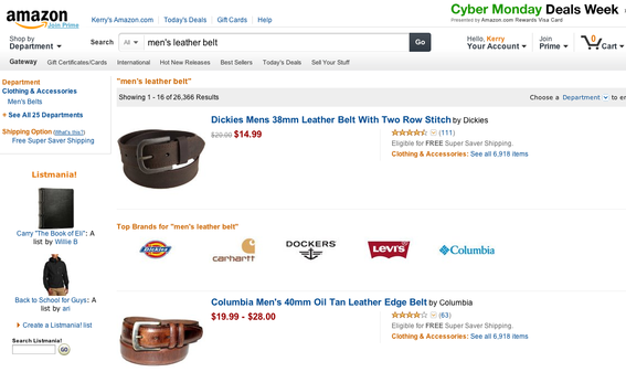 Amazon likely carries hundreds of selections for most mass-market items. This search for "men's leather belt" produced thousands of entries.