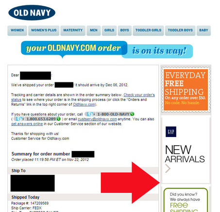 Old Navy devotes the right-hand column in its transactional emails to marketing.