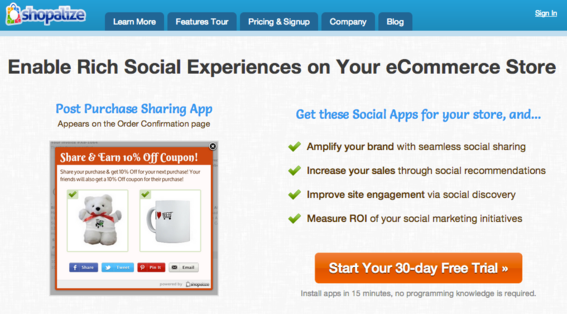 Shoplize is a social discovery platform that works with most shopping carts.