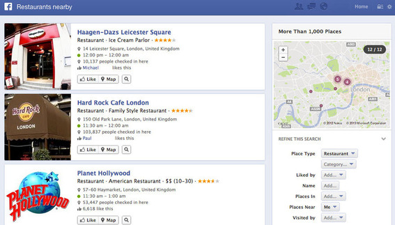 Example of a Facebook search for "restaurants nearby" for a searcher in London.