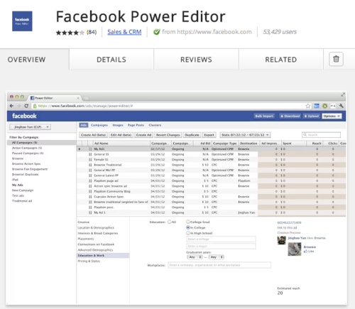 Power Editor manages Facebook ads inside Chrome.
