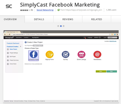SimplyCast automates Facebook posting and creates apps.