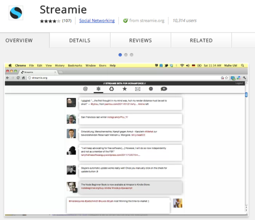 Streamie is a real-time Twitter client that runs within Chrome.