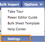 Settings is located in the Options drop-down menu.