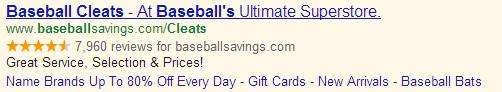Sitelinks can now be set up at the Ad Group level. In this example, Sitelinks are "Name Brands Up To 80% Off Every Day - Gift Cards - New Arrivals - Baseball Bats."