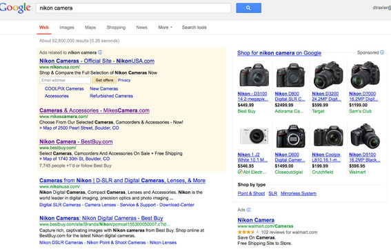 Example of "Nikon camera" Google search results.