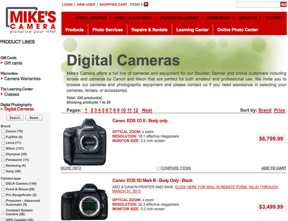 Landing page for Mike's Camera ad.