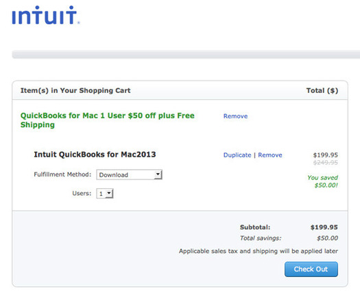 Intuit's QuickBooks ad lands visitors in a shopping cart.