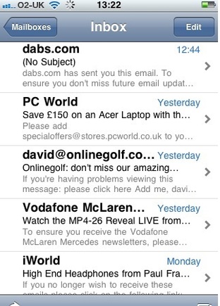 This iPhone email screenshot shows five separate messages.  The top, bold text is the "From" line.  Next is the subject line. Below the subject line is the first few words of the email.