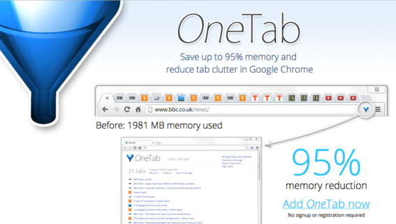 OneTab reduces multiple browser tabs to a single list.