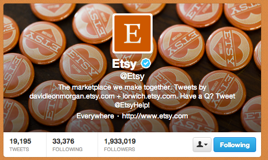 Etsy uses creative imagery and its website color scheme in its Twitter profile.