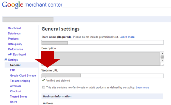 Example of what a verified URL looks like in the Google Merchant Center.