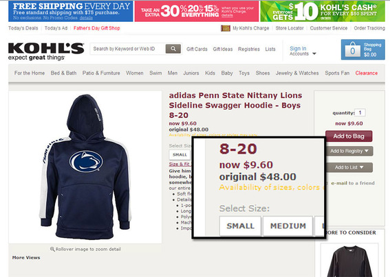 Kohl's offers a hoodie at 80 percent off as a seasonal closeout.