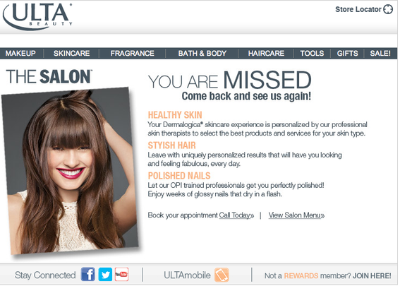 This Ultra Beauty email example tells the recipient they are missed.