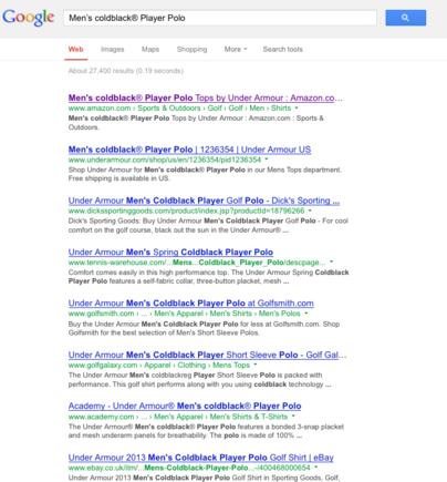 Google search results for "Men’s Coldblack® Player Polo."