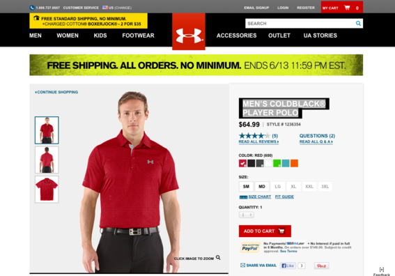 "Men’s Coldblack® Player Polo" product detail page, at UnderArmour.com.