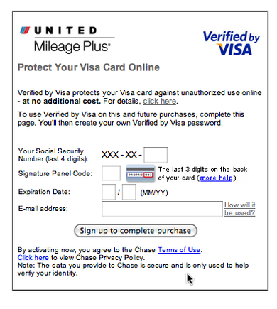 Verified by Visa pop-up on United.com.