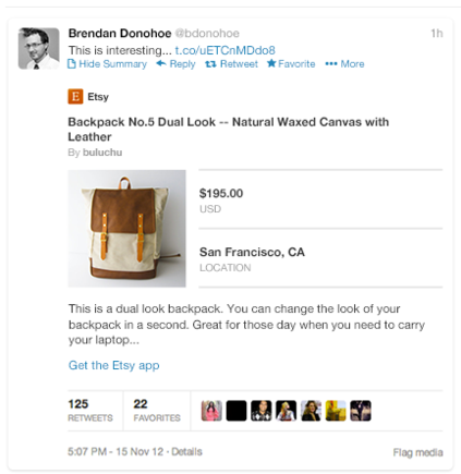 Twitter Card showing product information.