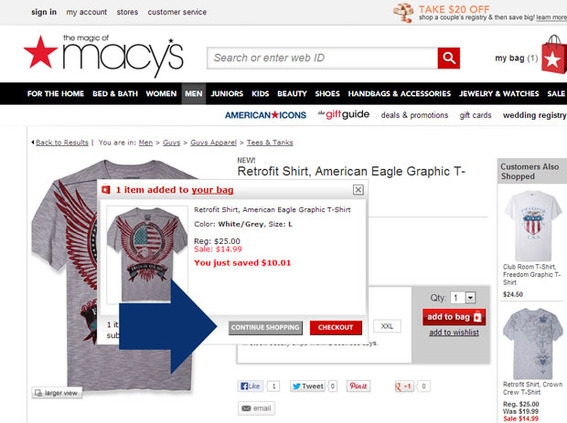 Macy's offers a continue shopping link on a modal interface.