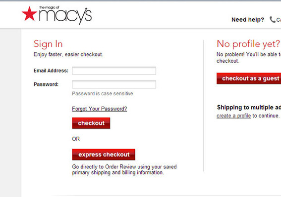 Macy's express checkout link shows new customers one of the benefits of registering.