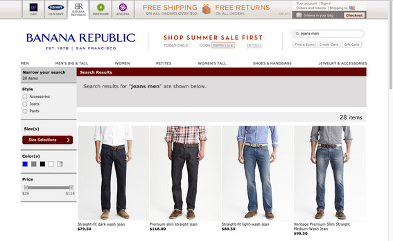 Banana Republic search results page for jeans men.