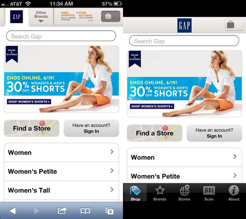 Gap mobile website and iPhone apps.
