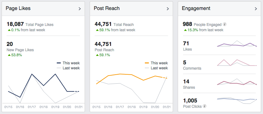 Facebook Insights presents three key pieces of information front and center.