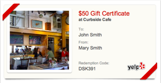 Example of a Yelp gift certificate.