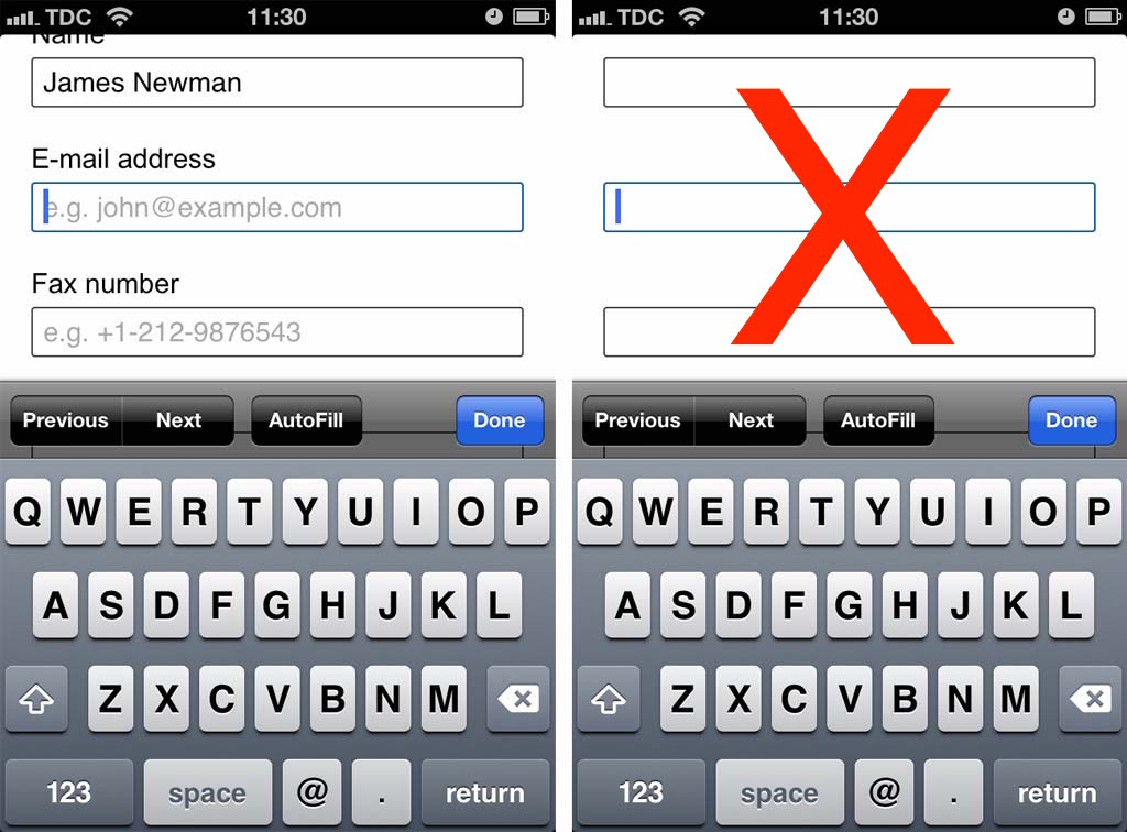 Most mobile devices zoom to input fields so make sure to put labels above inputs on mobile.